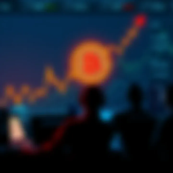 A graph showing a steep decline in Bitcoin value with worried traders looking at their screens