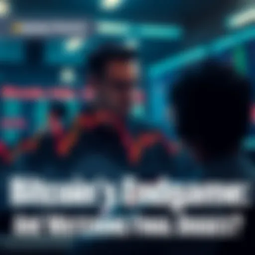 A graph showing a downward trend in Bitcoin prices with a worried broker in the background watching the screen.