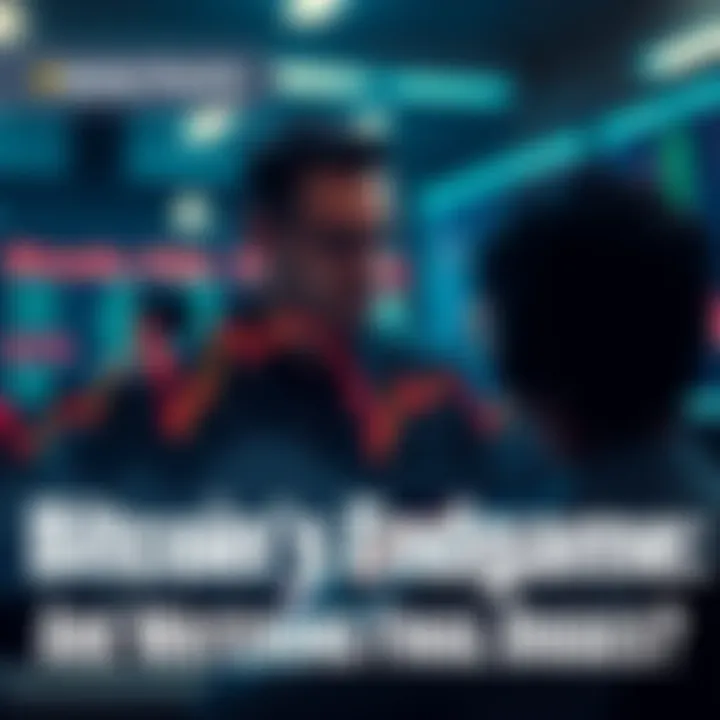 A graph showing a downward trend in Bitcoin prices with a worried broker in the background watching the screen.