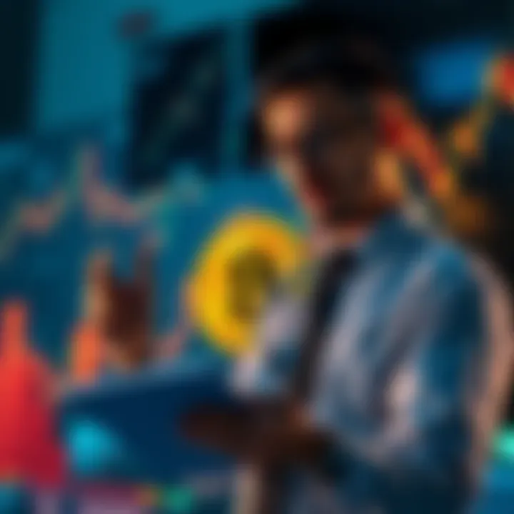 A professional discussing Bitcoin's market potential with charts and graphs in the background