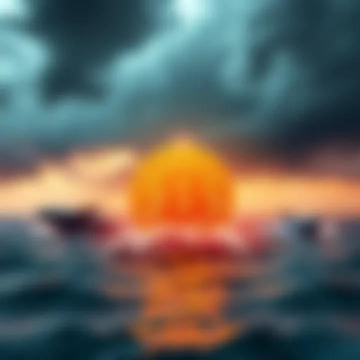 A graphic showing a Bitcoin symbol with dark clouds symbolizing market fear and whales in the background, representing Bitcoin holders controlling prices.