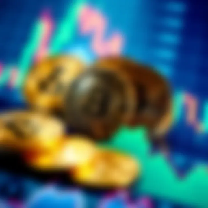 Bitcoin coins on a fluctuating graph background representing market changes