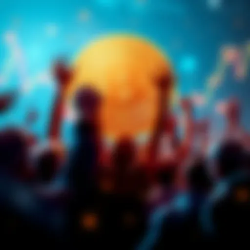 A graph showing Bitcoin's price surge with enthusiastic investors celebrating in the background.