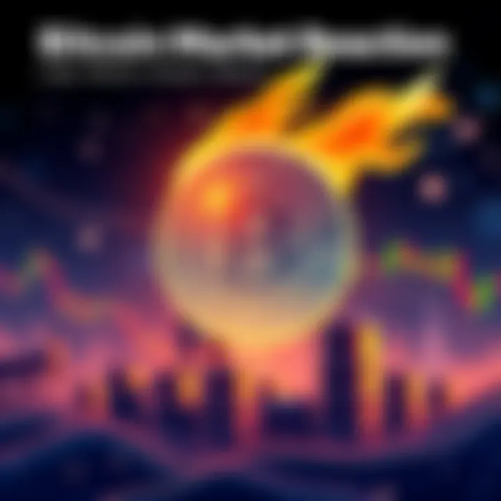 Bitcoin Market Reaction An illustration showing a Bitcoin symbol with fluctuating charts, reflecting market trends, alongside oil barrels and stock market graphs to signify the impact of various factors on cryptocurrency.