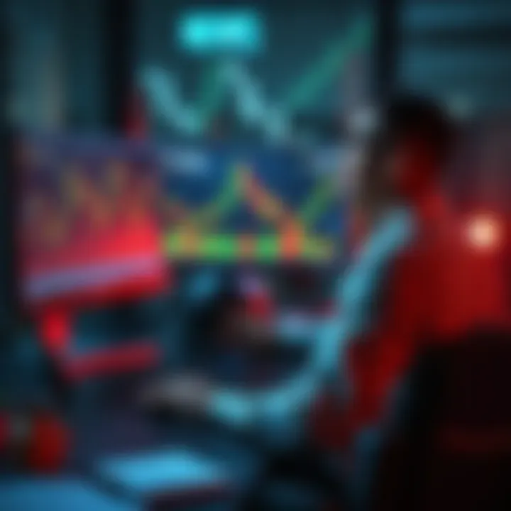 A person sitting at a desk, looking at a computer screen displaying Bitcoin price charts with a hopeful expression.