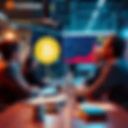 A group of institutional investors discussing Bitcoin, showing graphs indicating Bitcoin's undervaluation and potential growth, set in a modern office environment.