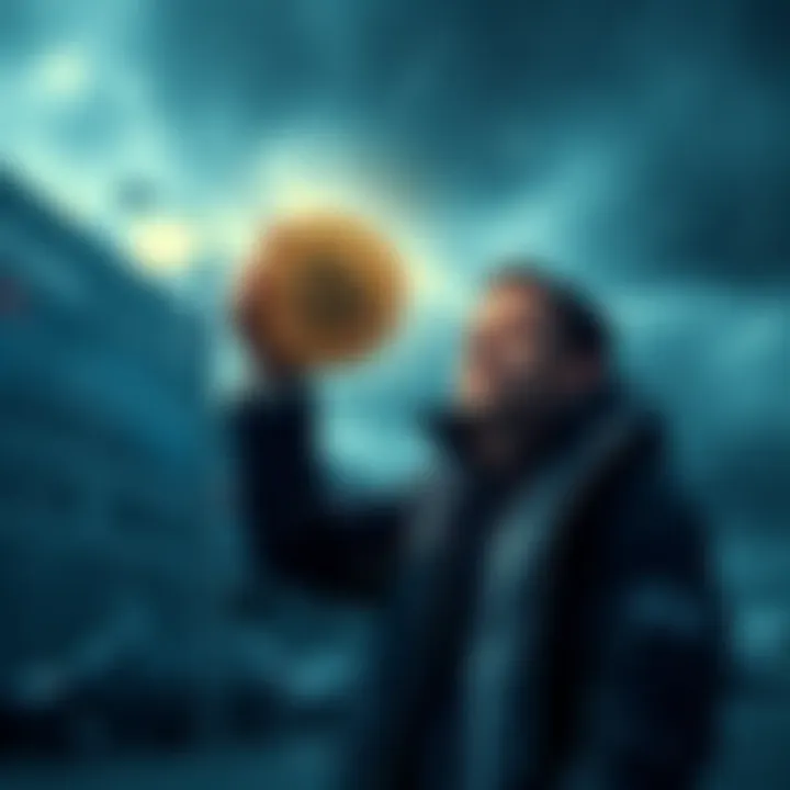 A person confidently holding a Bitcoin amidst stormy weather, symbolizing strength in the market turmoil.