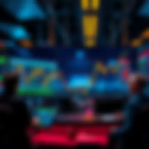 A graph showing Bitcoin price fluctuations with a declining trend and concerned investors looking at screens in the background.