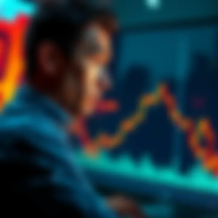 A graph showing Bitcoin price trends with a downward slope, indicating market distribution, while an anxious person looks at the screen in concern.