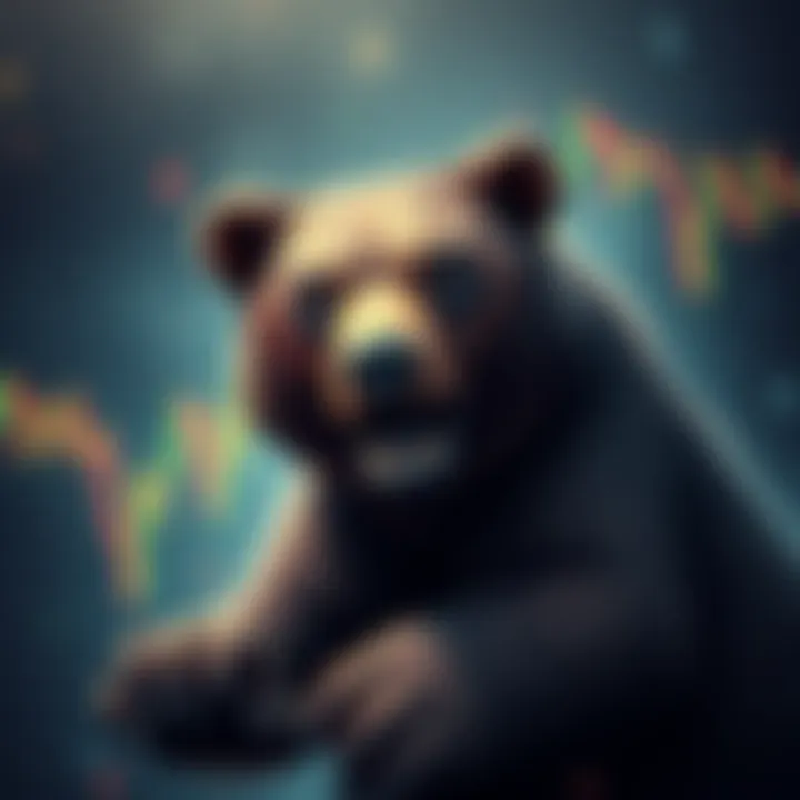 Bitcoin Market Turmoil A bear symbolizing Bitcoin traders struggling amidst market changes with falling graphs in the background.