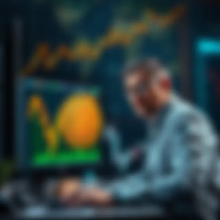 A graph showing Bitcoin price decline with a background featuring currency symbols and a worried investor looking at a computer screen