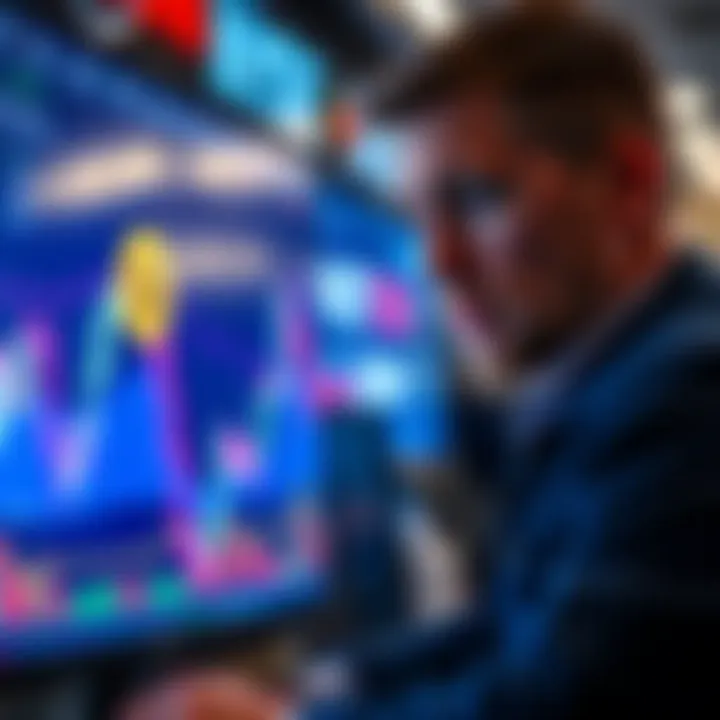 A graph showing Bitcoin price fluctuations after Trump's election, with a concerned trader looking at the screen.