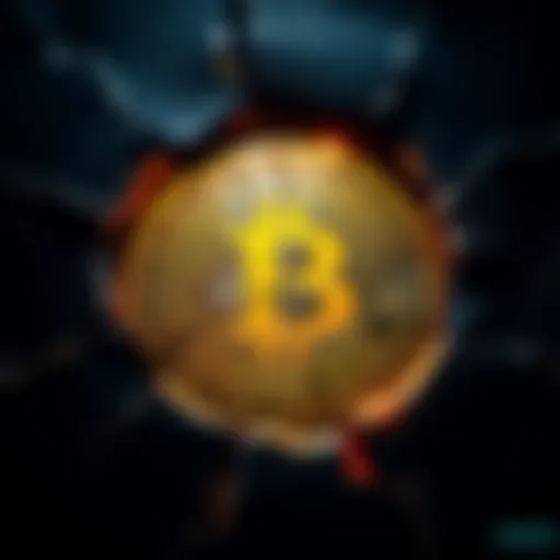Bitcoin symbol with a cracked surface, representing market instability and fears of collapse amid geopolitical tensions.