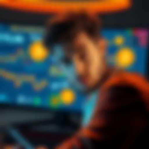 A person looking at Bitcoin promotional materials with a skeptical expression, questioning the need for advertising, amid various Bitcoin graphics and charts on a screen.