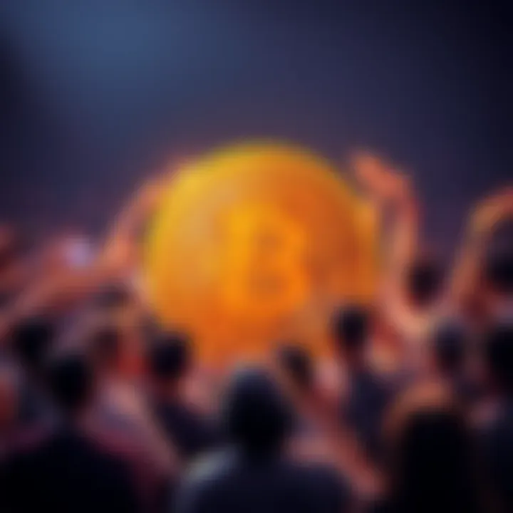 A graphic of a Bitcoin symbol with a humorous twist representing the meme created after Saylor sold 32 BTC, surrounded by excited cryptocurrency community members discussing on forums.