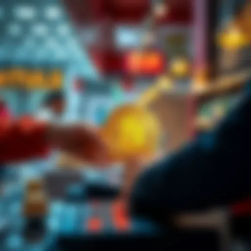 A merchant accepting Bitcoin, symbolizing the shift towards earning Bitcoin instead of spending it, with coins and a cash register in view.
