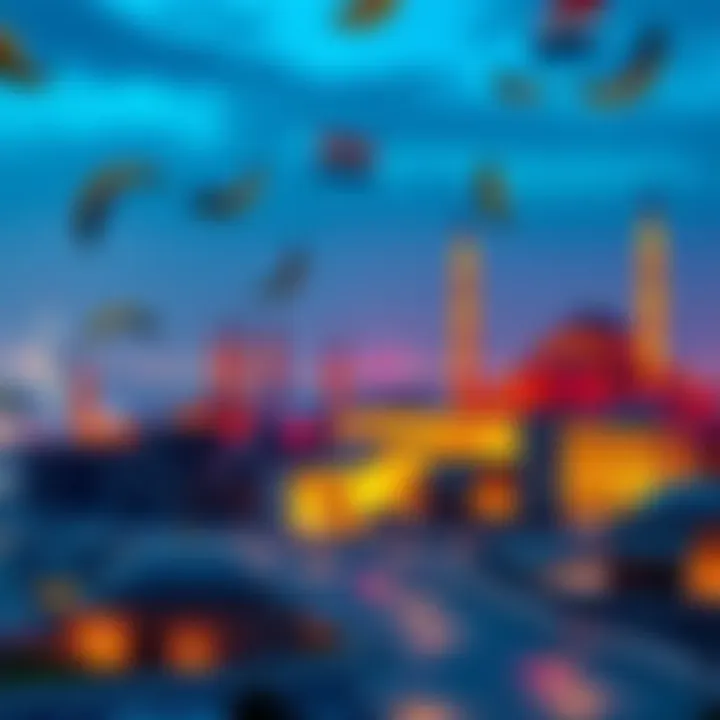 A digital depiction of Bitcoin symbols above Middle Eastern landmarks, highlighting a financial transformation.