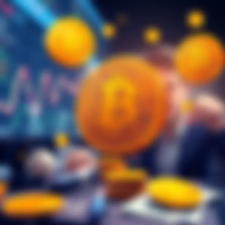 Bitcoin Milestones Impact An illustration showing Bitcoin symbols and a person managing finances with charts and cash in the background.