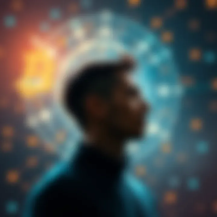Bitcoin Mind Expansion A person contemplating the connection between Bitcoin and personal growth with abstract crypto symbols in the background.