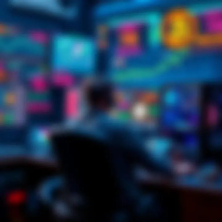 A person sitting at a desk with an $800 gaming PC, mining Bitcoin, surrounded by screens displaying cryptocurrency data.
