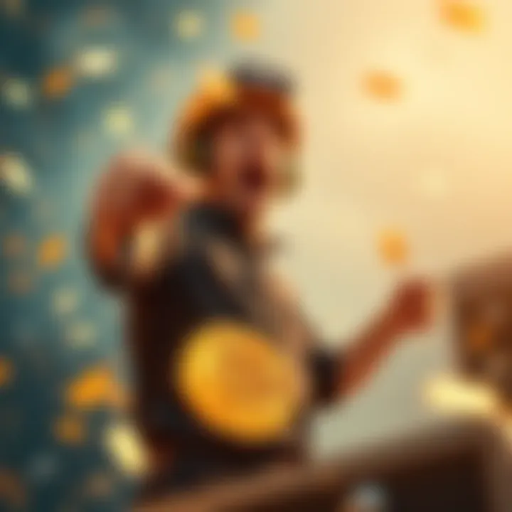 Bitcoin Miner Wins Jackpot A solo bitcoin miner celebrating the win of a $265,000 block, showing excitement and determination.