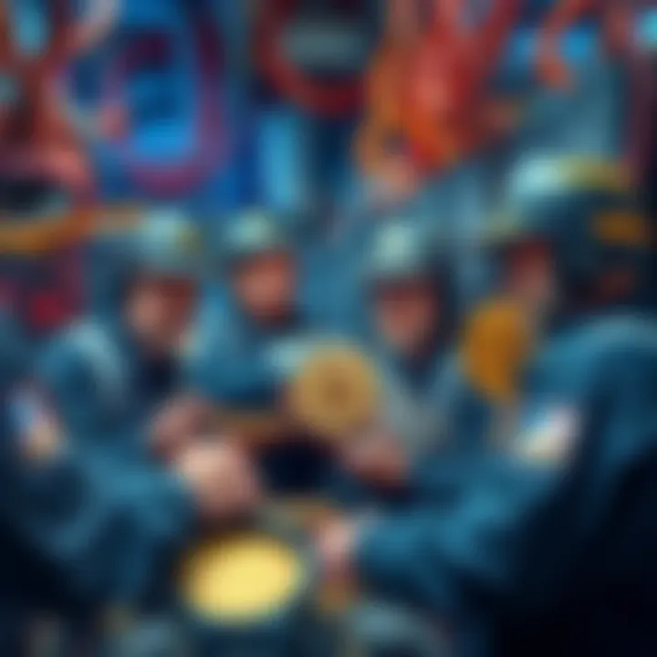 Bitcoin miners gather around their mining equipment, looking concerned about their rising U.S. dollar debts while holding Bitcoin rewards.