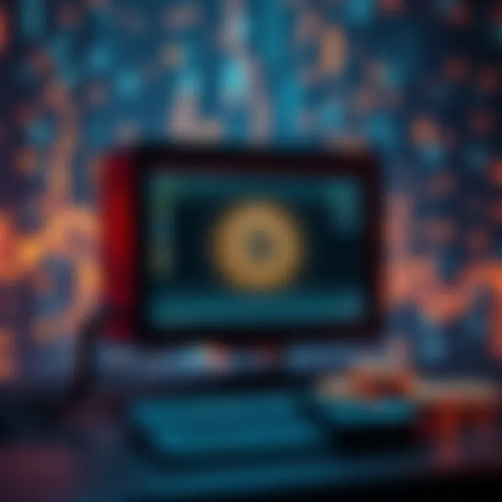 A graphic showing a computer mining Bitcoin with a visual of coins and a blockchain background.