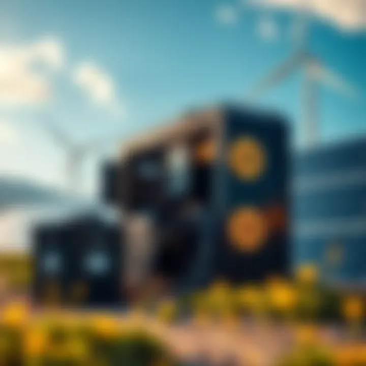A person setting up Bitcoin mining equipment powered by renewable energy sources, surrounded by solar panels and wind turbines.