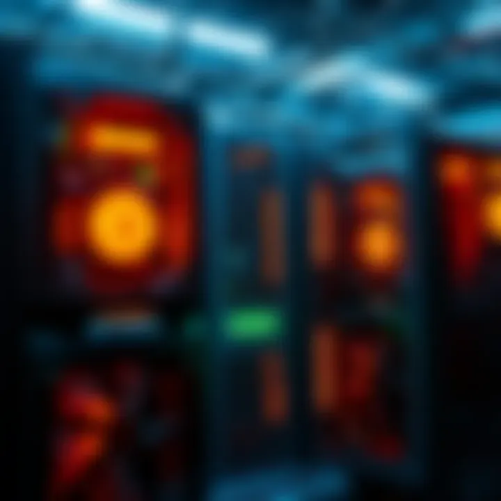 A group of Bitcoin mining rigs powered on, with flashing lights and cooling fans, indicating ongoing activity.