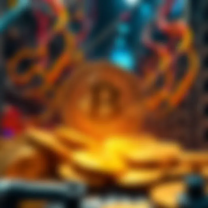 Bitcoin Mining Progress A graphic representation showing the mining of bitcoins with digital coins and mining rigs in action