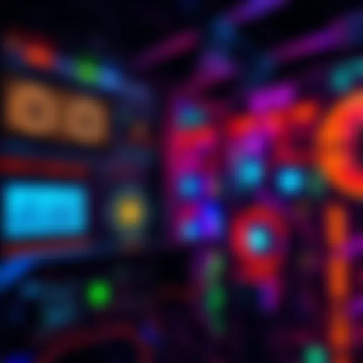 A bitcoin mining rig showing real-time hashing attempts with colorful lights and screens, showcasing the mining process.