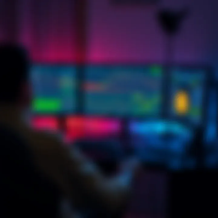 A person sitting at a computer, setting up a Bitcoin mining pool, with charts and mining software displayed on the screen.