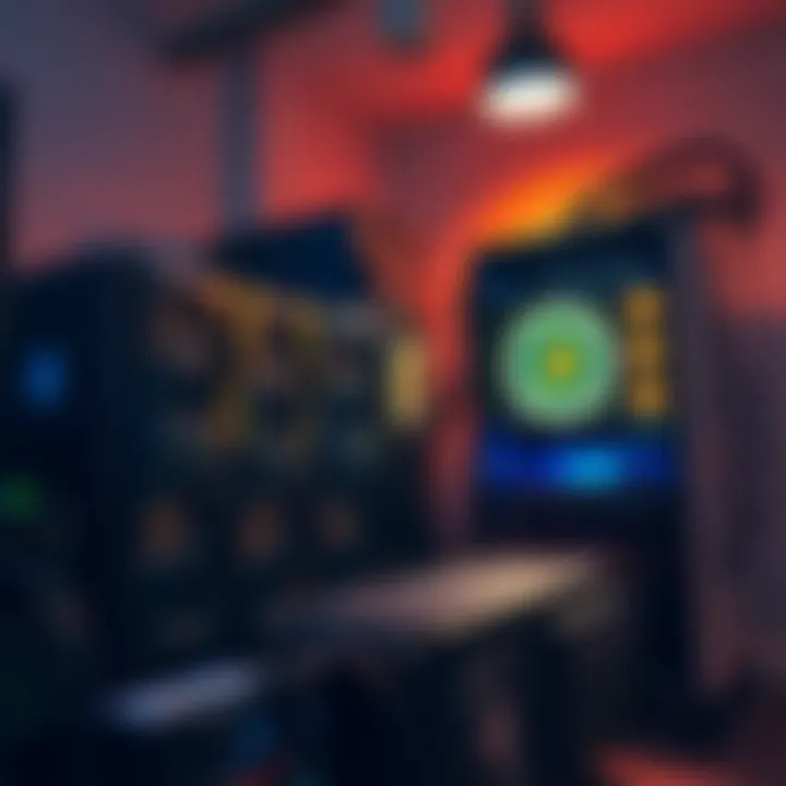 A Bitcoin mining rig with multiple graphics cards and a power supply in a room with low lighting