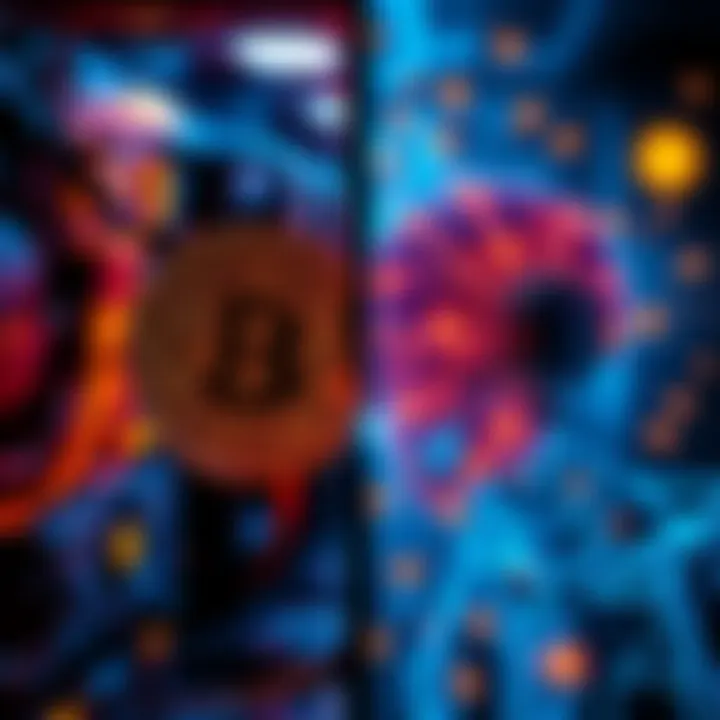 A split image showing Bitcoin mining equipment on one side and AI technology symbols on the other side, representing two investment strategies.