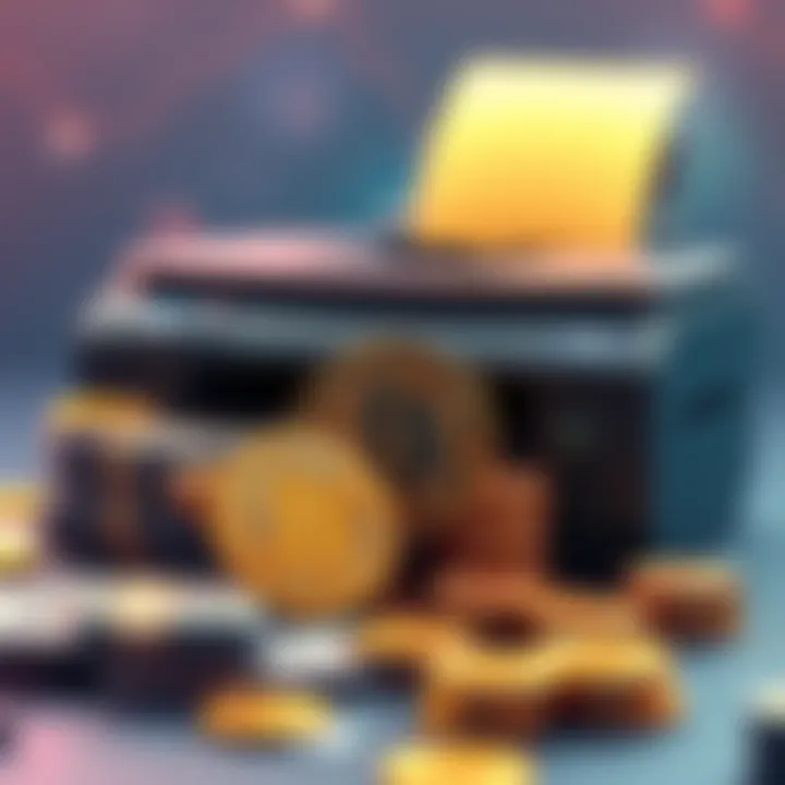 A visual representation showing Bitcoin coins alongside stacks of cash and a printer, symbolizing economic concerns and investment strategies.