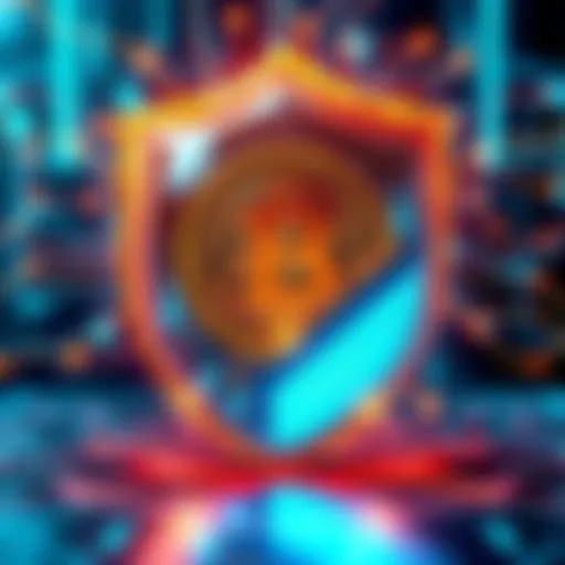 A visual representation of a Bitcoin symbol surrounded by a digital shield, symbolizing network security against attacks.