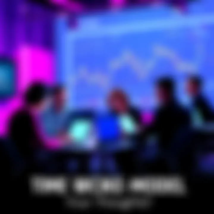 A group of people discussing ideas around a new bitcoin node model with laptops and charts.