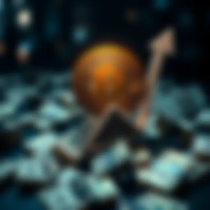 A graphic showing Bitcoin symbol with an upward trend arrow and dollar bills around it