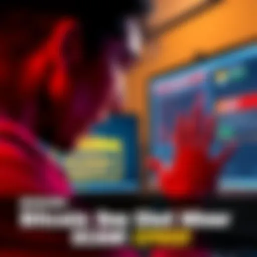 A shocked person looking at a computer screen displaying warnings about the Bitcoin One Shot Miner scam