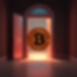 A Bitcoin symbol in front of an open door, representing financial freedom and escape from traditional systems.