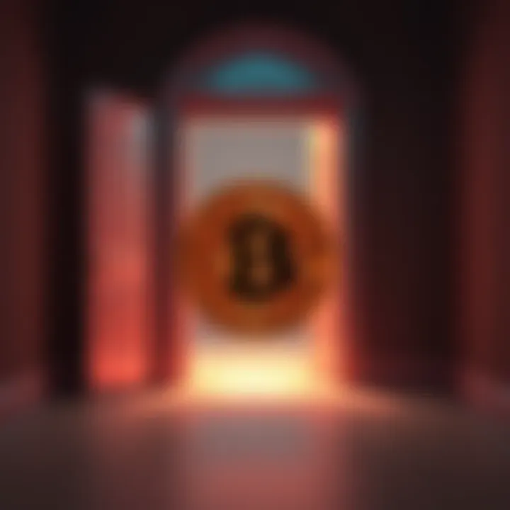 A Bitcoin symbol in front of an open door, representing financial freedom and escape from traditional systems.