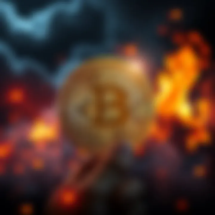 Bitcoin symbol with a backdrop of geopolitical tensions and fluctuating prices