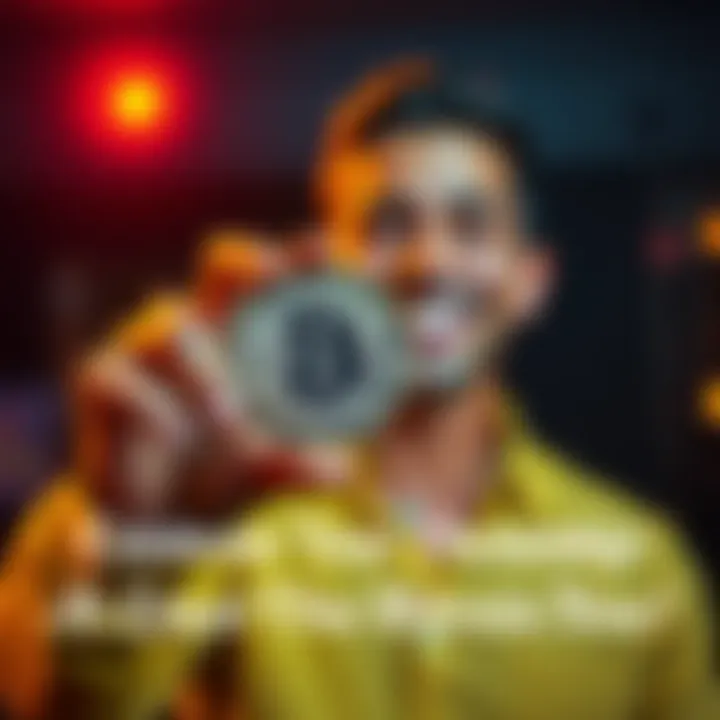 Bitcoin Ownership Celebration A person holding a physical Bitcoin in one hand, smiling and looking confident about their financial future.