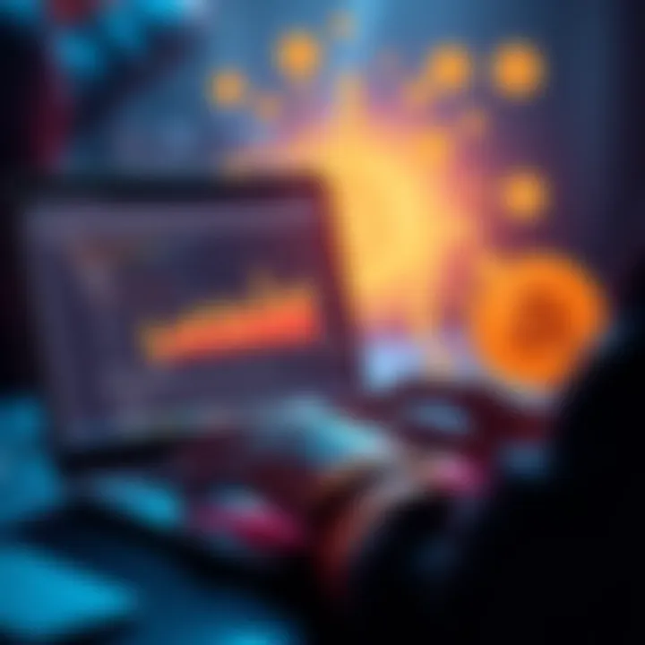 A person setting up Bitcoin payment options on a website with a laptop and digital currency symbols in the background