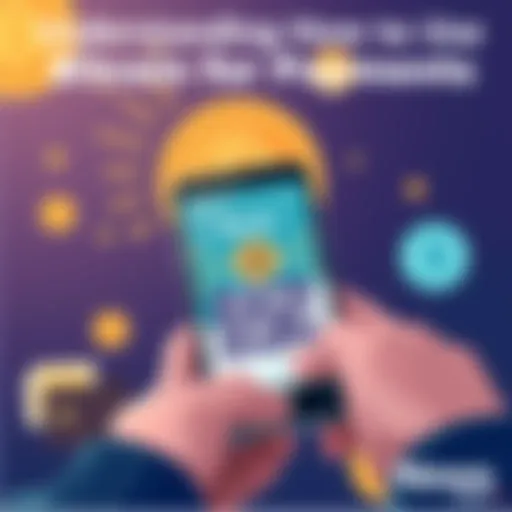 An illustration showing a smartphone scanning a QR code for Bitcoin payment, with a wallet icon and currency symbols in the background.