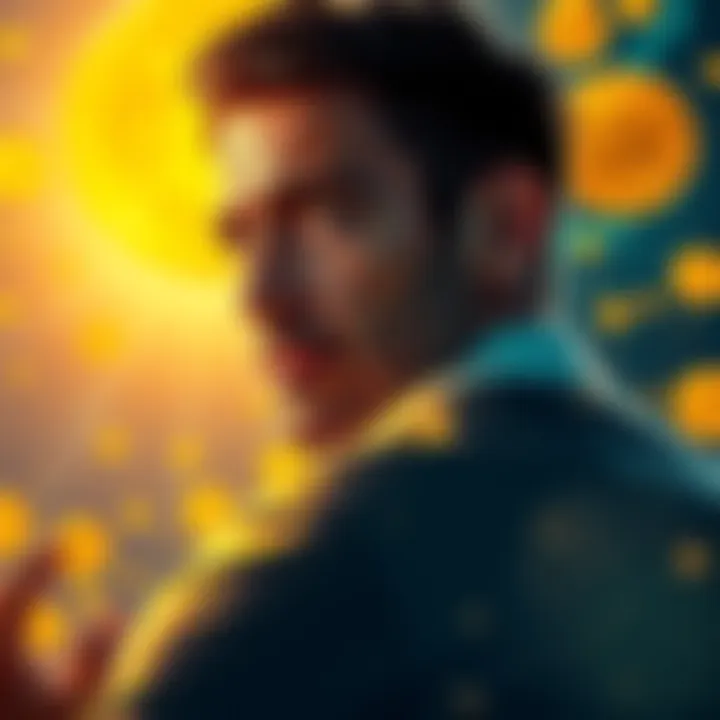 A person reflecting on their experiences with Bitcoin, showing moments of realization and understanding its value, with Bitcoin symbols in the background.