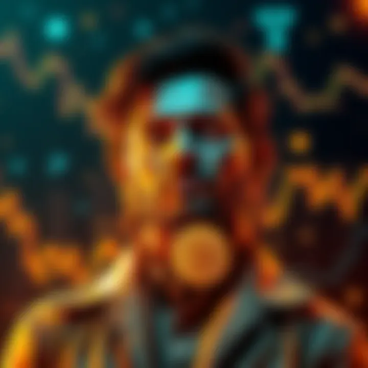 Bitcoin Personified as a Man A man representing Bitcoin, with golden features and a digital currency theme, standing confidently with a backdrop of financial symbols.