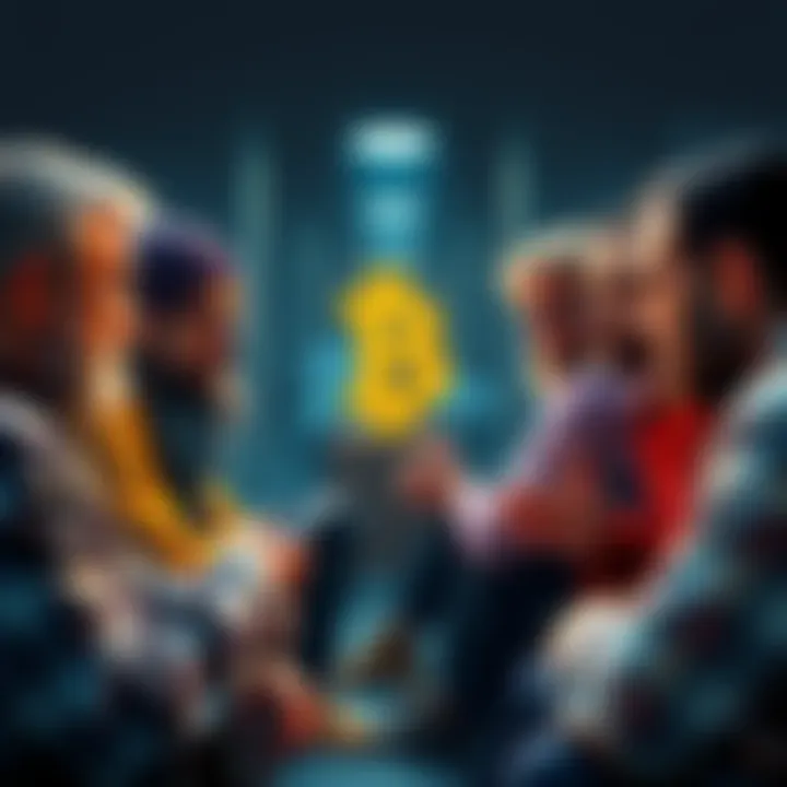 Bitcoin pioneers sharing tips Group of early Bitcoin developers discussing cryptocurrency tips and experiences