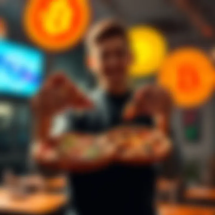 A person holding two pizzas with Bitcoin symbols in the background, celebrating Bitcoin Pizza Day.