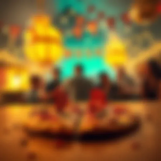 A festive scene showing two pizzas with Bitcoin symbols, celebrating Bitcoin Pizza Day, with people enjoying the moment.